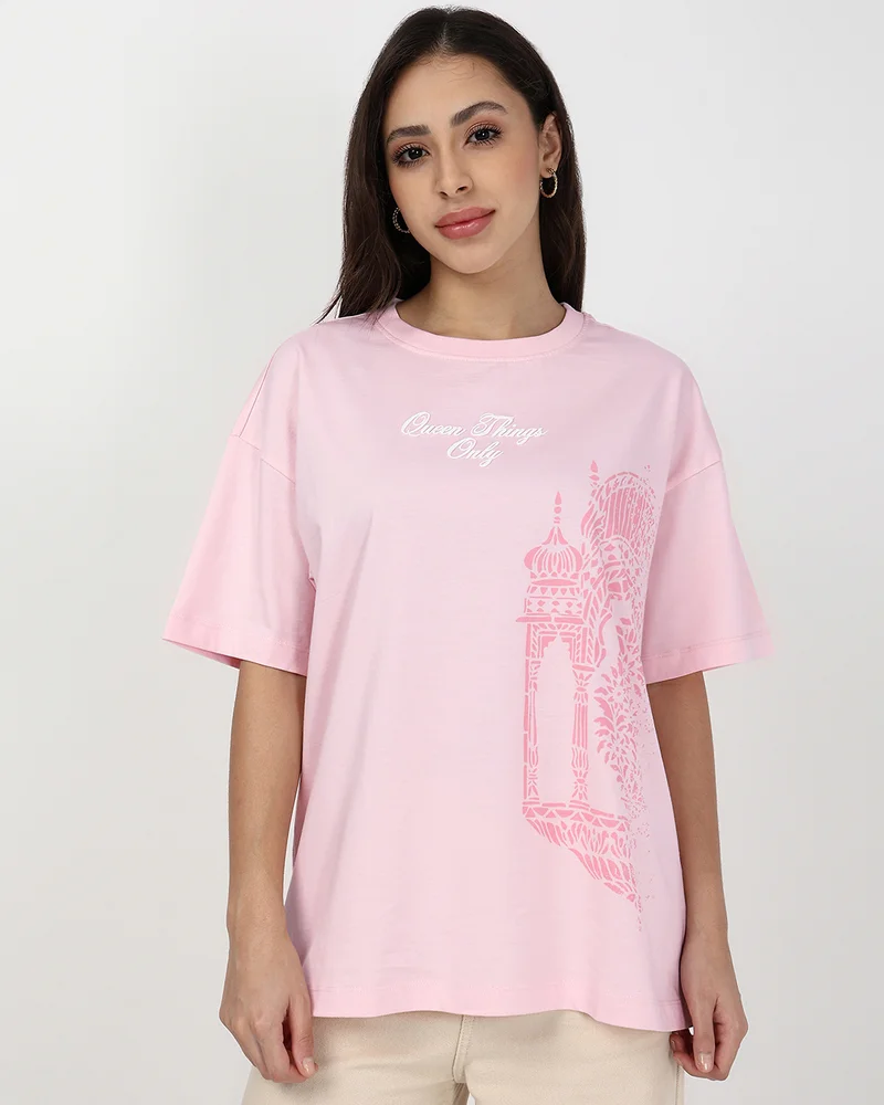 bewakoof Women's Pink Main Character Energy Graphic Printed Oversized T-shirt